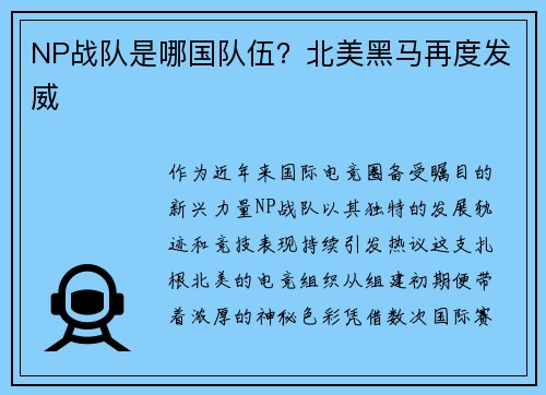 NP战队是哪国队伍？北美黑马再度发威
